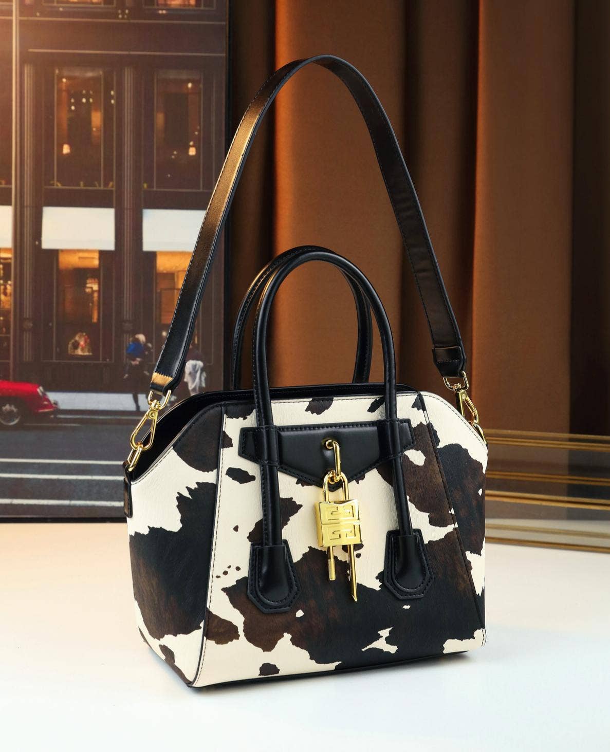 Lock Detail Cow Print Handbag Boston bag with 2 straps