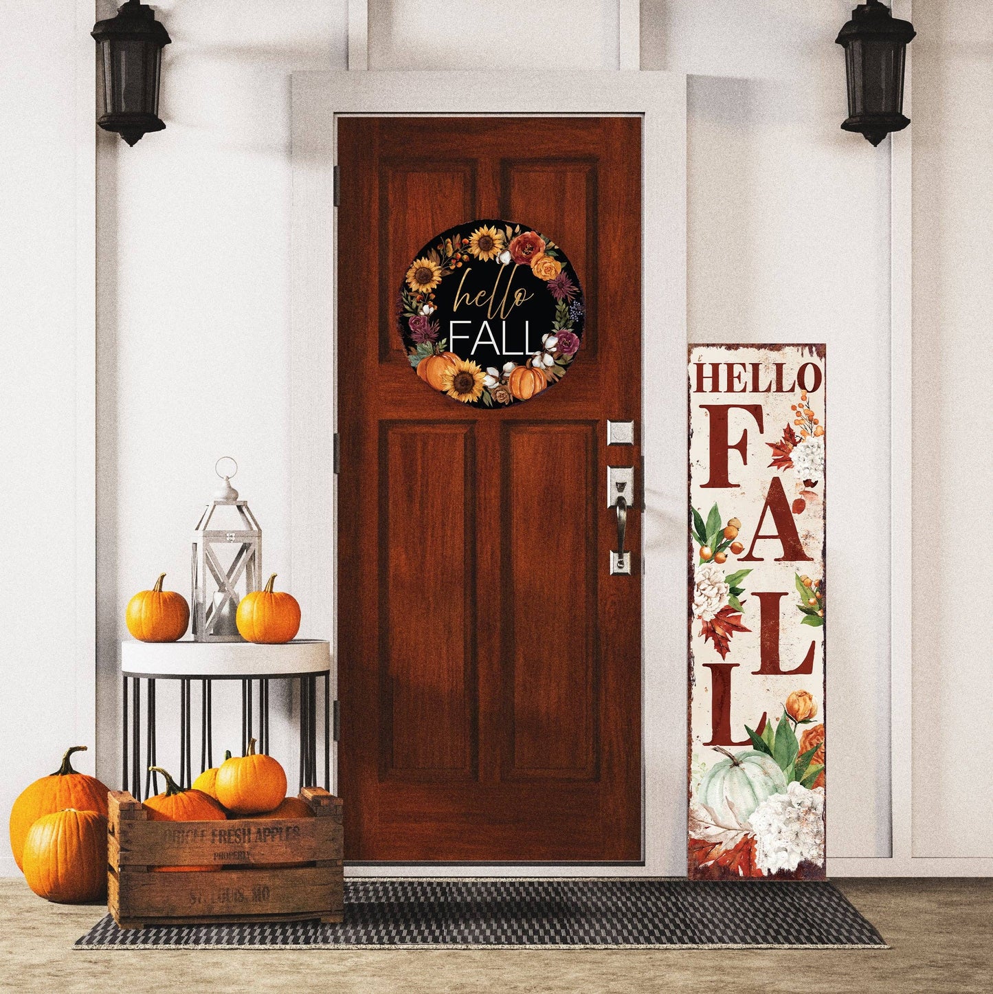 Hello Fall Door Hanger – Round 12–16in Wood Sign, UV Print Autumn Floral Pumpkin Wreath Decor for Front Door or Wall