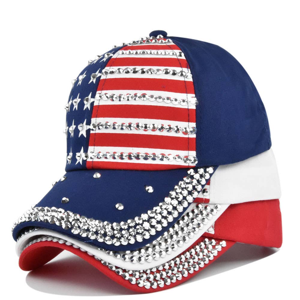 Fourth of July American flag rhinestones baseball cap