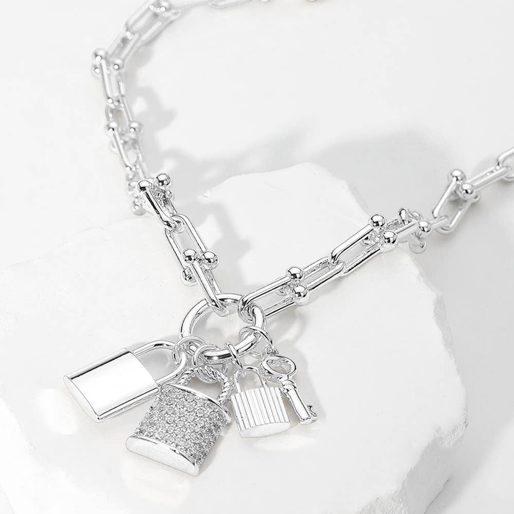 14K Gold Plated CZ Paved Triple Lock Pendant Chain Necklace