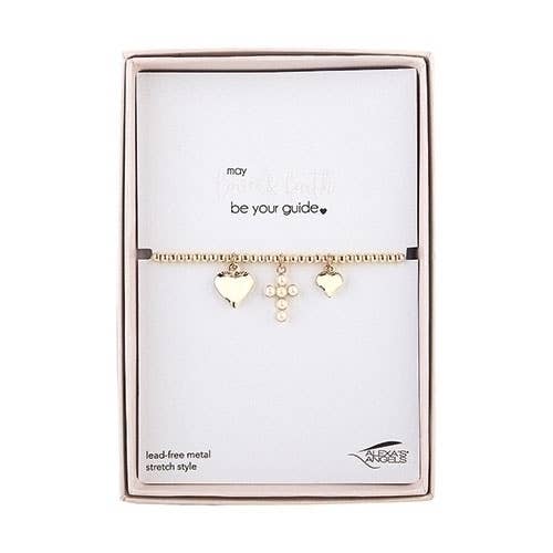 6 L Gold White Cross Bracelet Stretch; Pink Gift Box