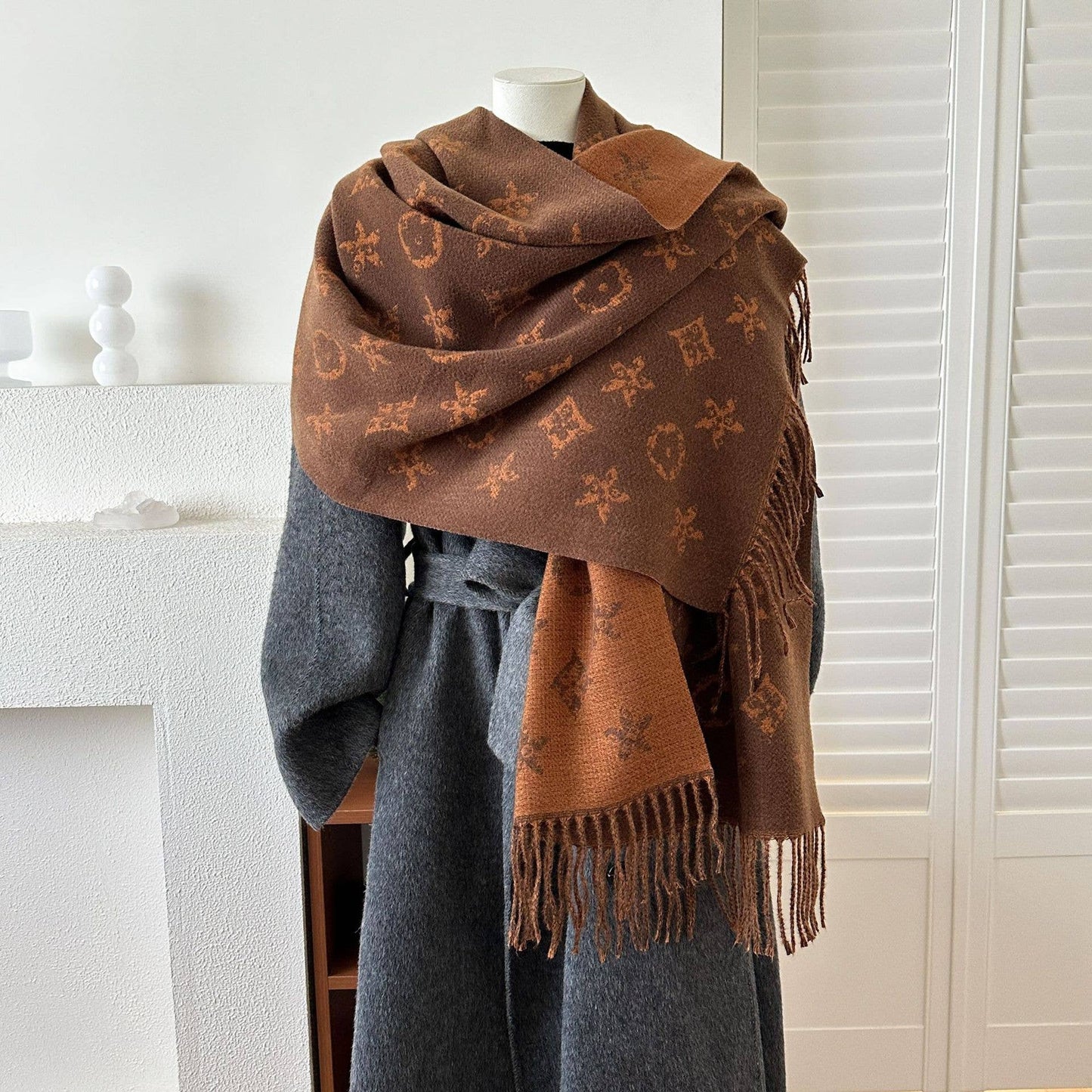 British-Style Geometric Reversible Jacquard Fringe Scarf