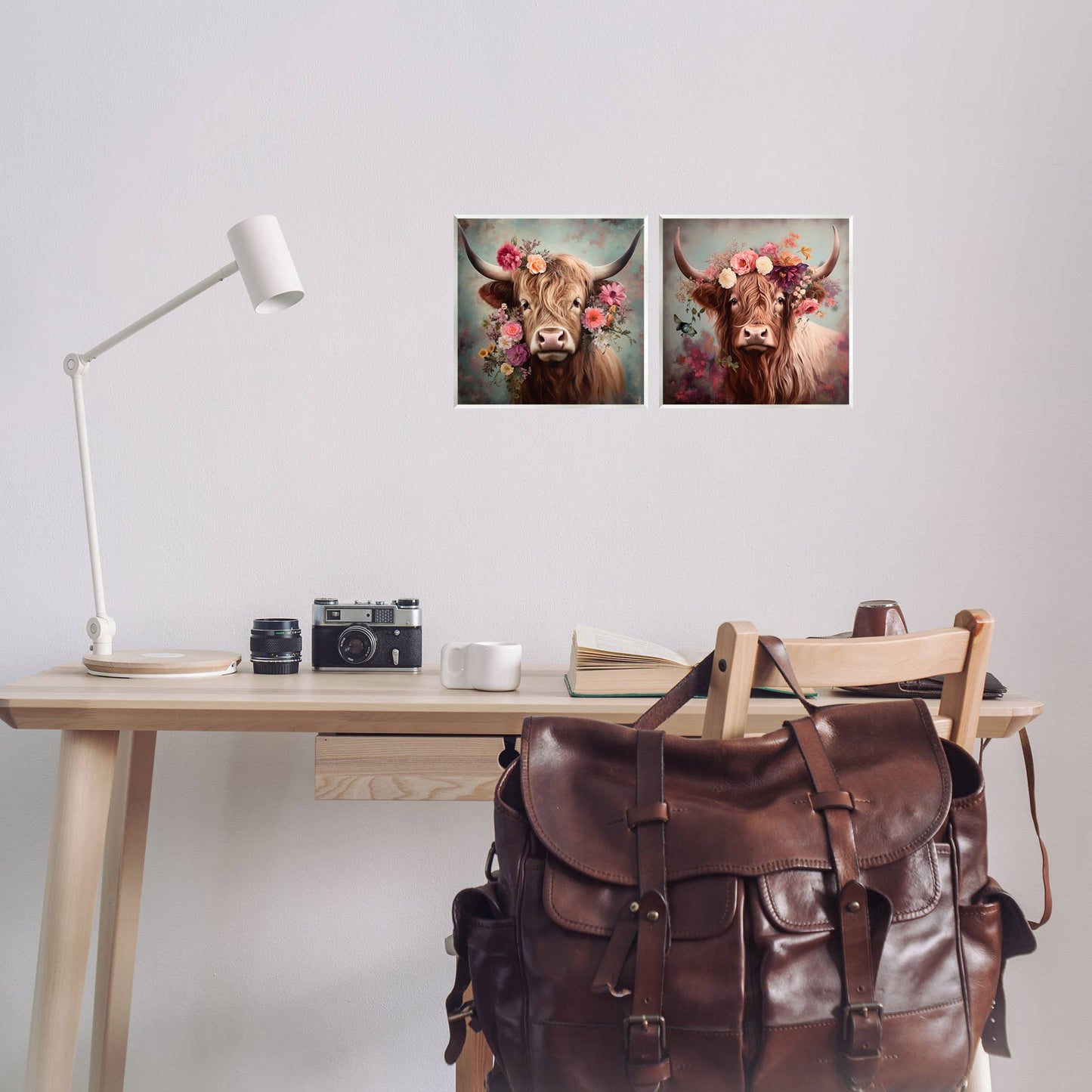 Highland Cow Field Flower Crown Wall Plaque Art