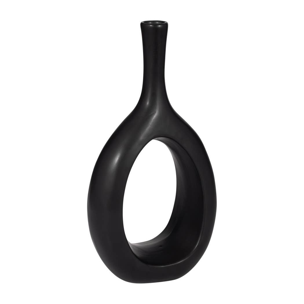 Ceramic Round Curved Open Cut-Out Vase - Black, 12 in.