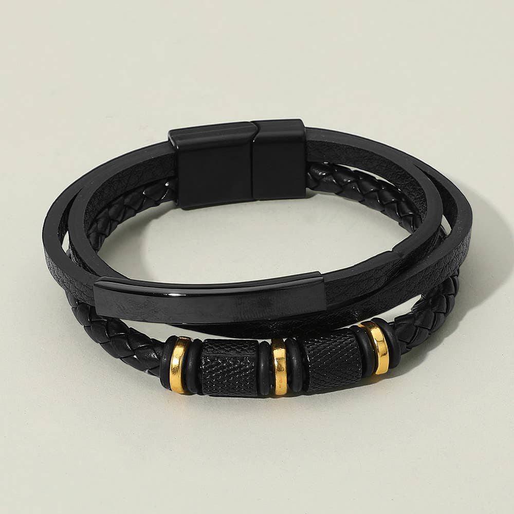 Mens Metal Accent Braided Smooth Genuine Leather Magnetic Bracelet