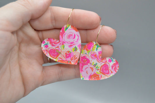 Valentine’s Heart Earrings, Floral Acrylic Earrings, Roses