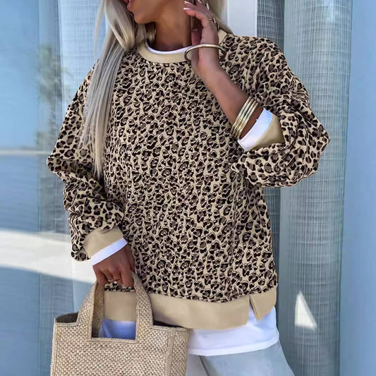 Leopard print crew-neck knit long-sleeved hoodie