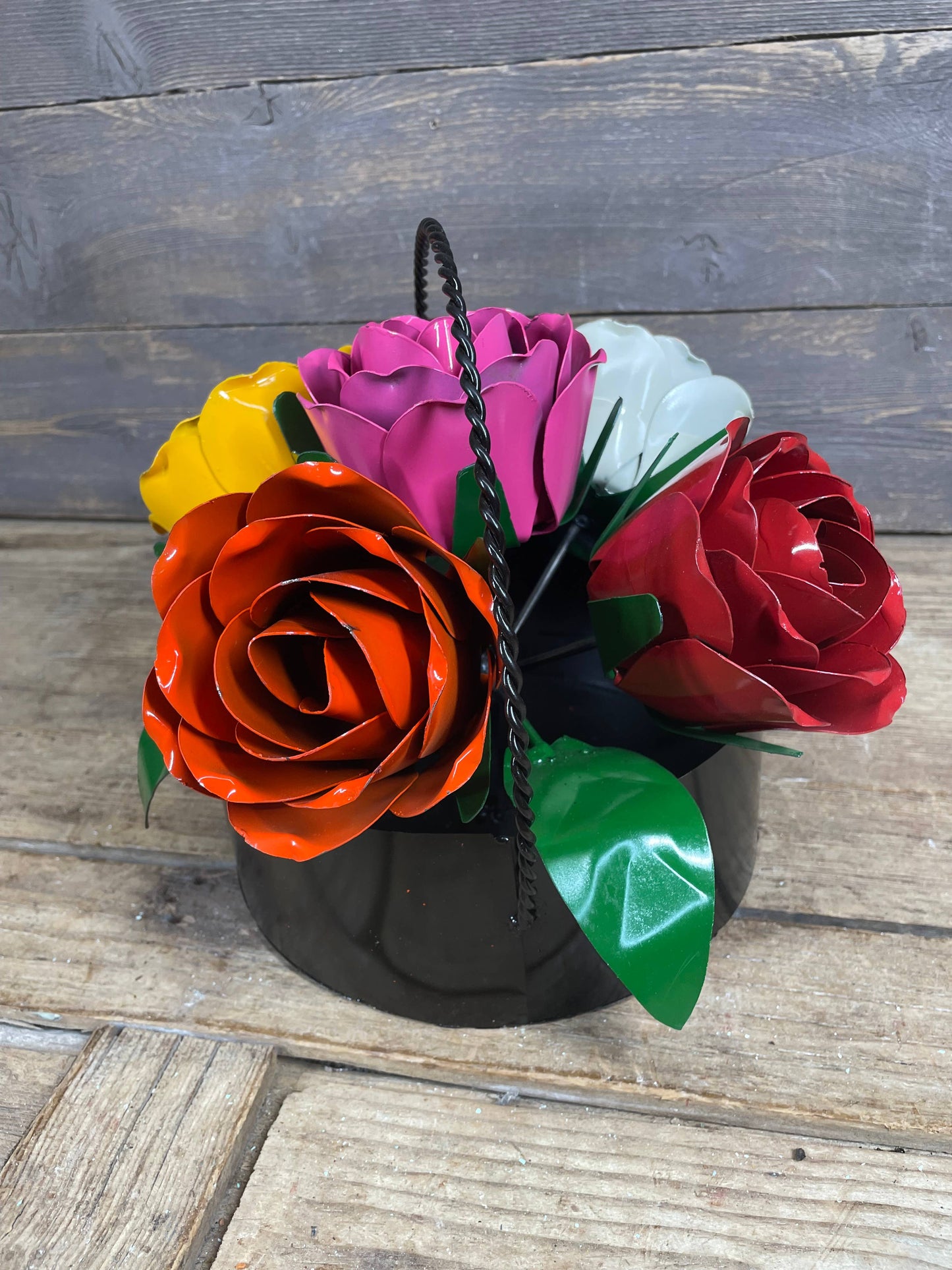 Bouquet of Roses-Metal-Handmade-12x9-Basket of Flowers-Color