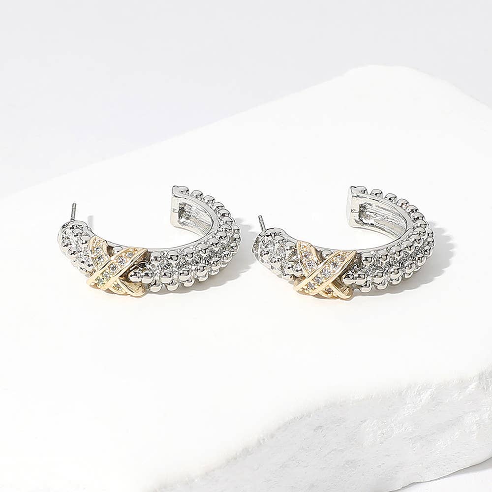 14K Gold Plated CZ Stone Paved Criss Cross Pointed Hoop Earr