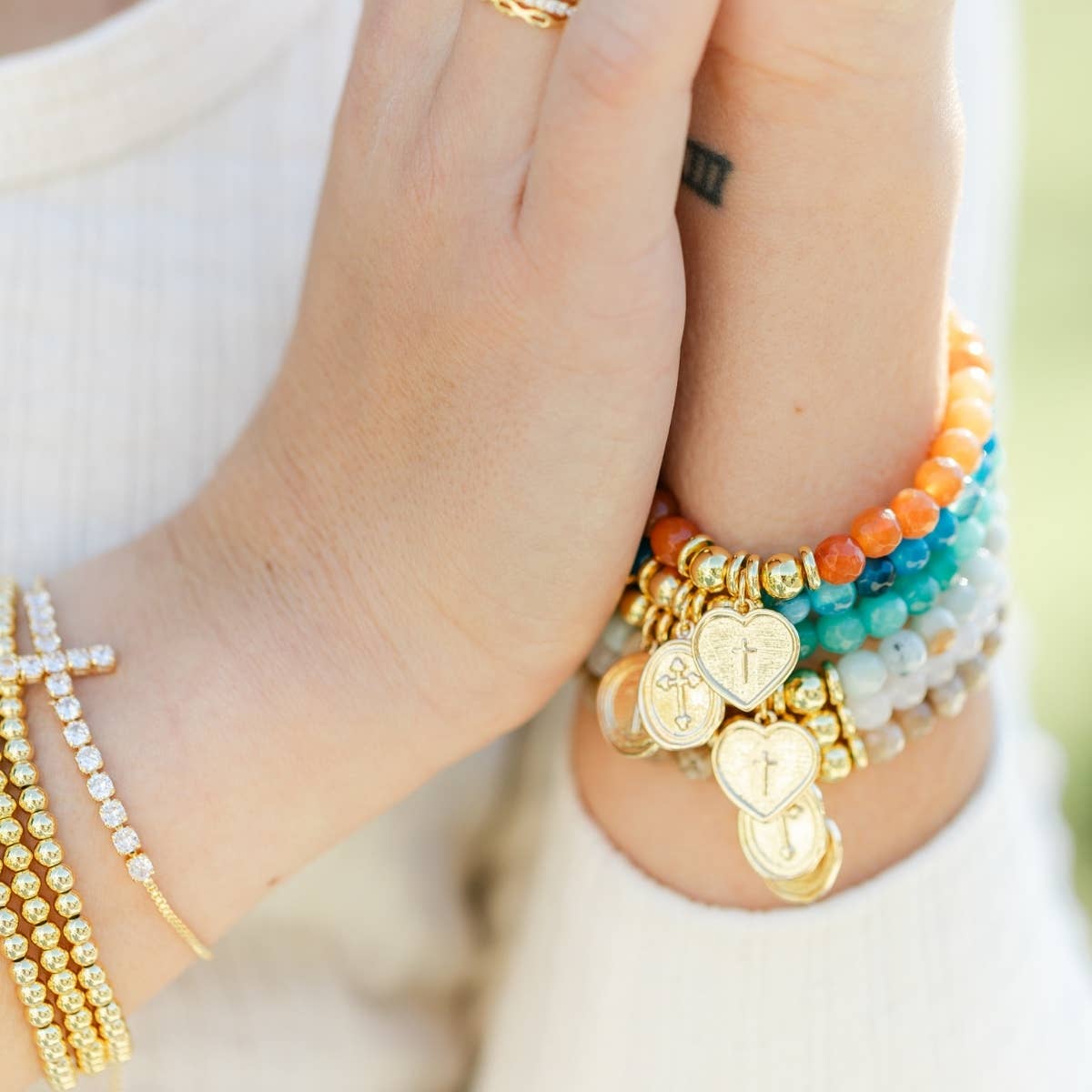 Stretch Stone Bracelet With Heart Cross Charm