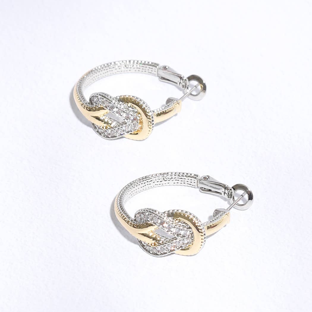 Two-Toned CZ Pave Knotted Huggie Hoop Earrings