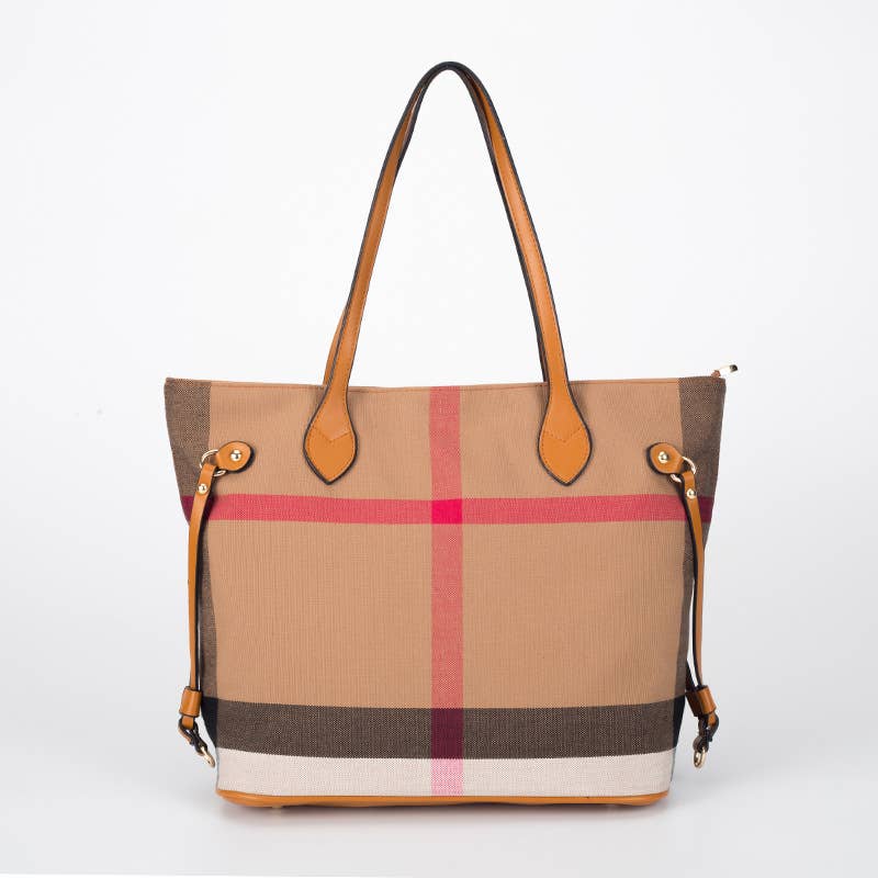 Classic Plaid Canvas & Leather Trim Tote Bag