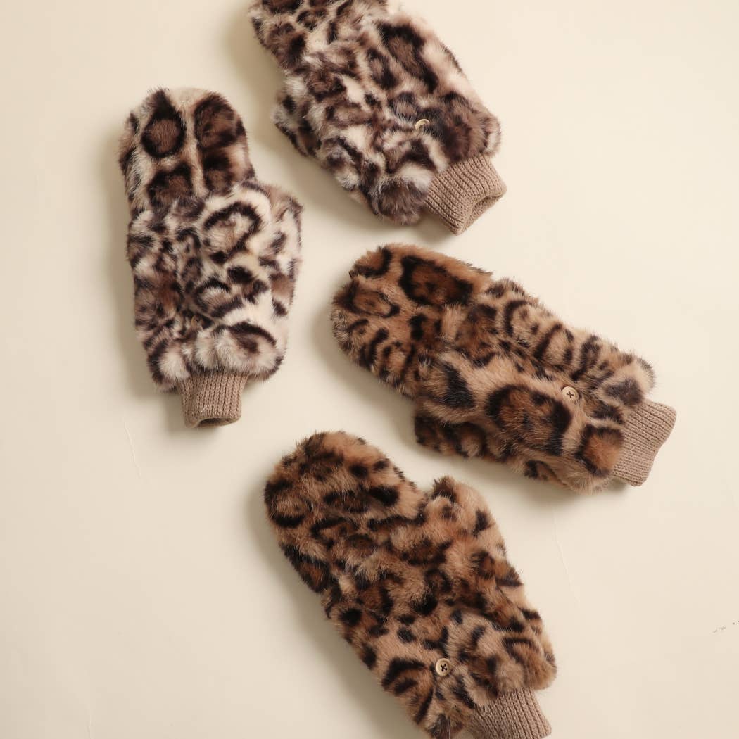 Women's Leopard Faux Fur Convertible Mitten Gloves