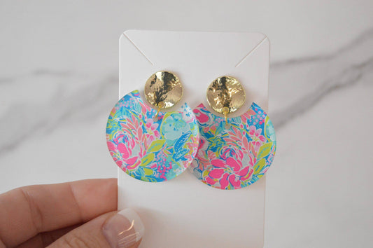 Preppy Earrings, Colorful Notched Circle Earrings, Floral