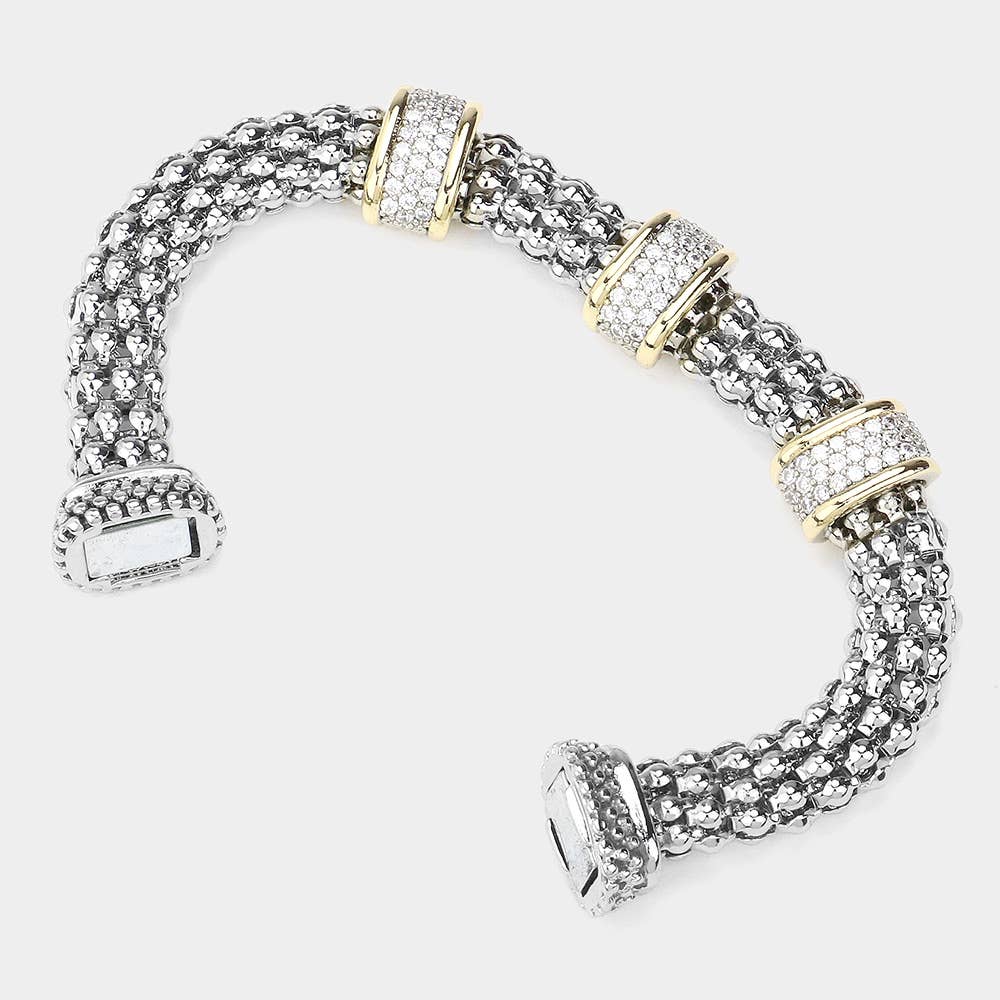 14K Gold Plated CZ Paved Triple Bar Mesh Mangetic Bracelet