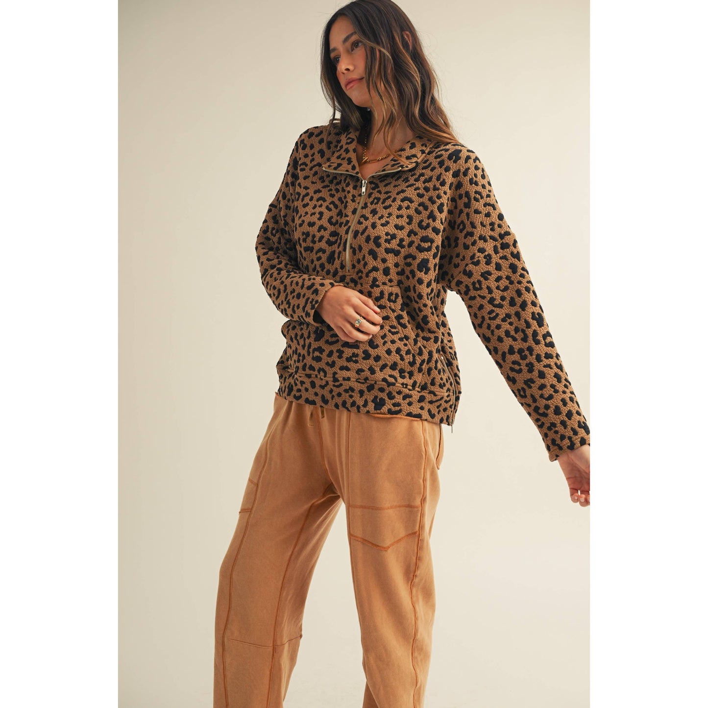Leopard Loose Fit Zipper Pullover Top