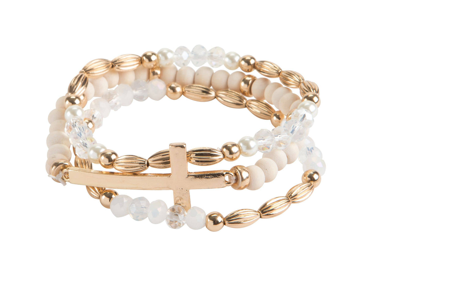 3 row wood and crystal bead cross bracelet, 4 assorted