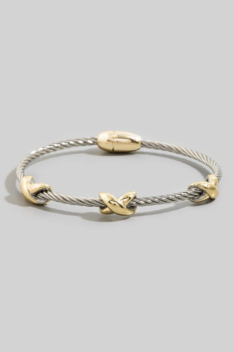 Two-Tone Cable Wire Gold X-Station Bangle Bracelet 1738B
