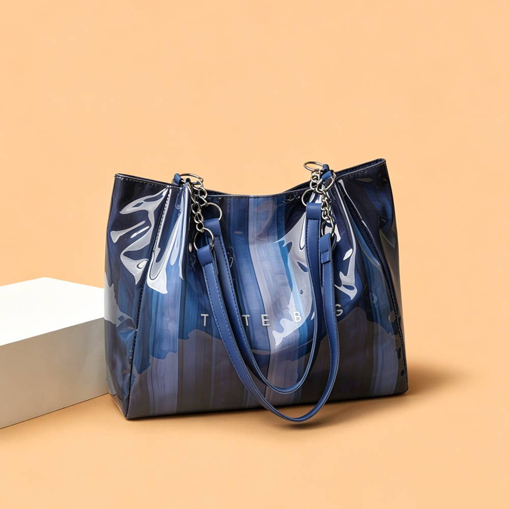 Gradient Striped PVC Tote Bag Letter Print Daily Commute Bag