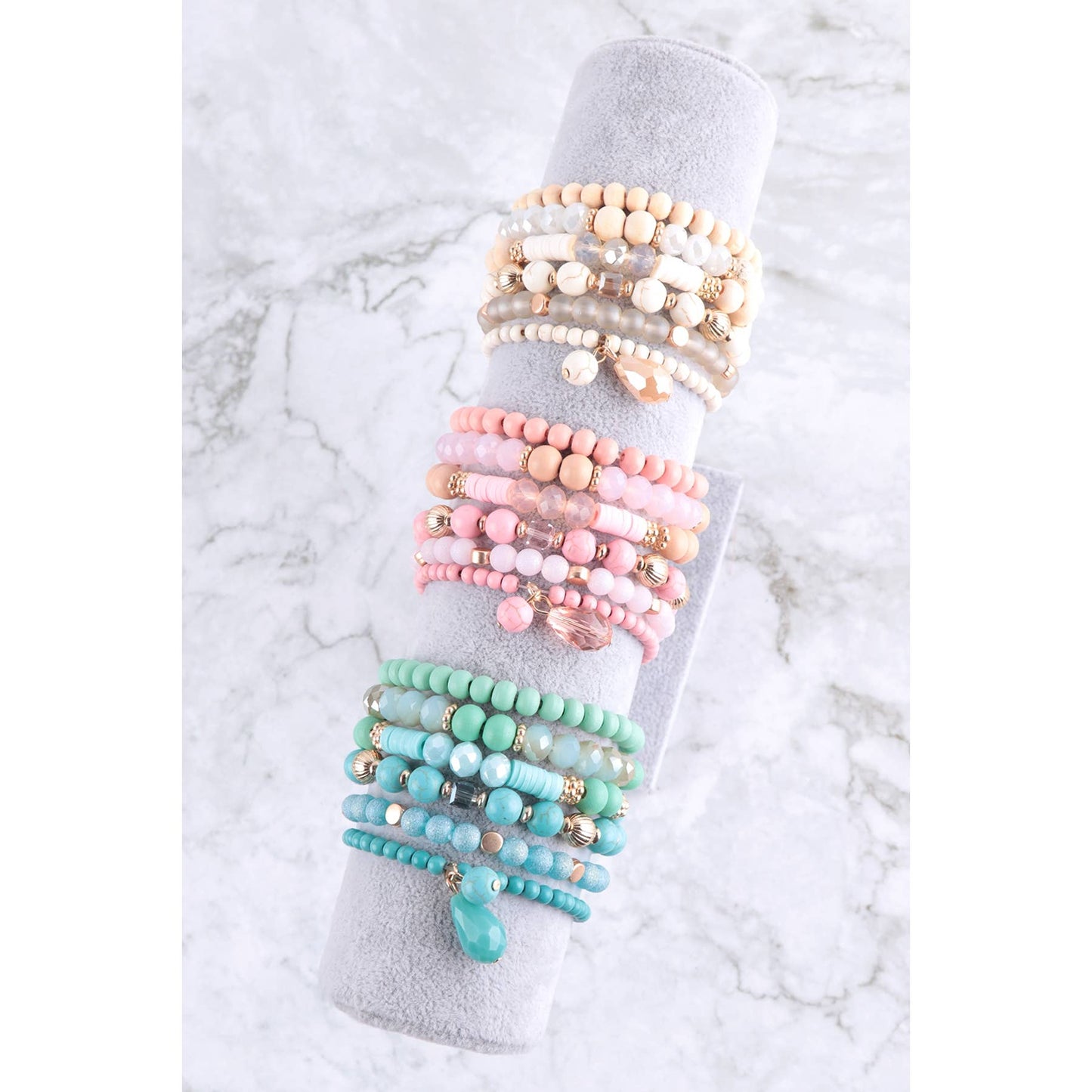 BEADS NATURAL STONE WOOD CHARM STRETCH BRACELET