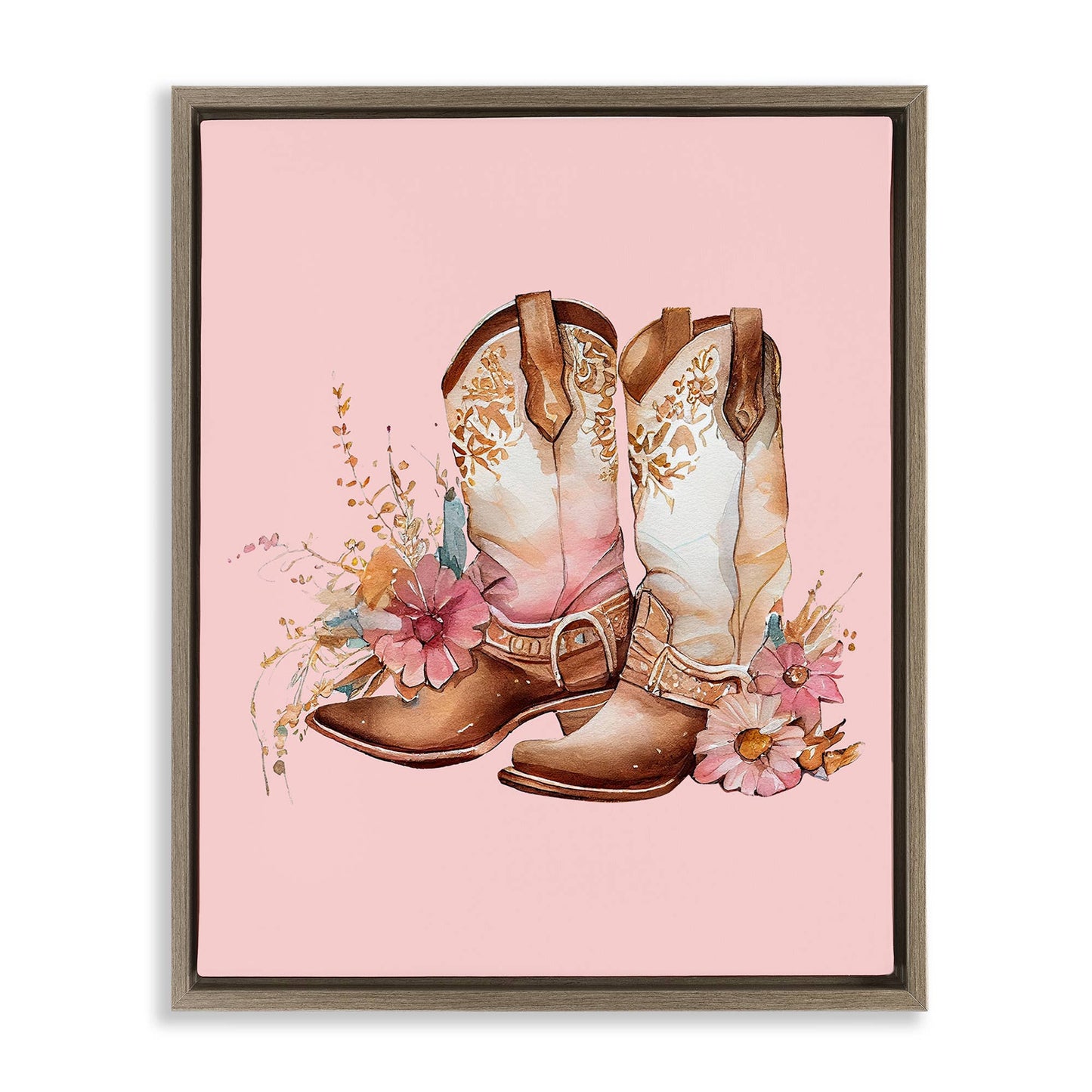Floral Pink Cowgirl Boots - Framed Wall Art