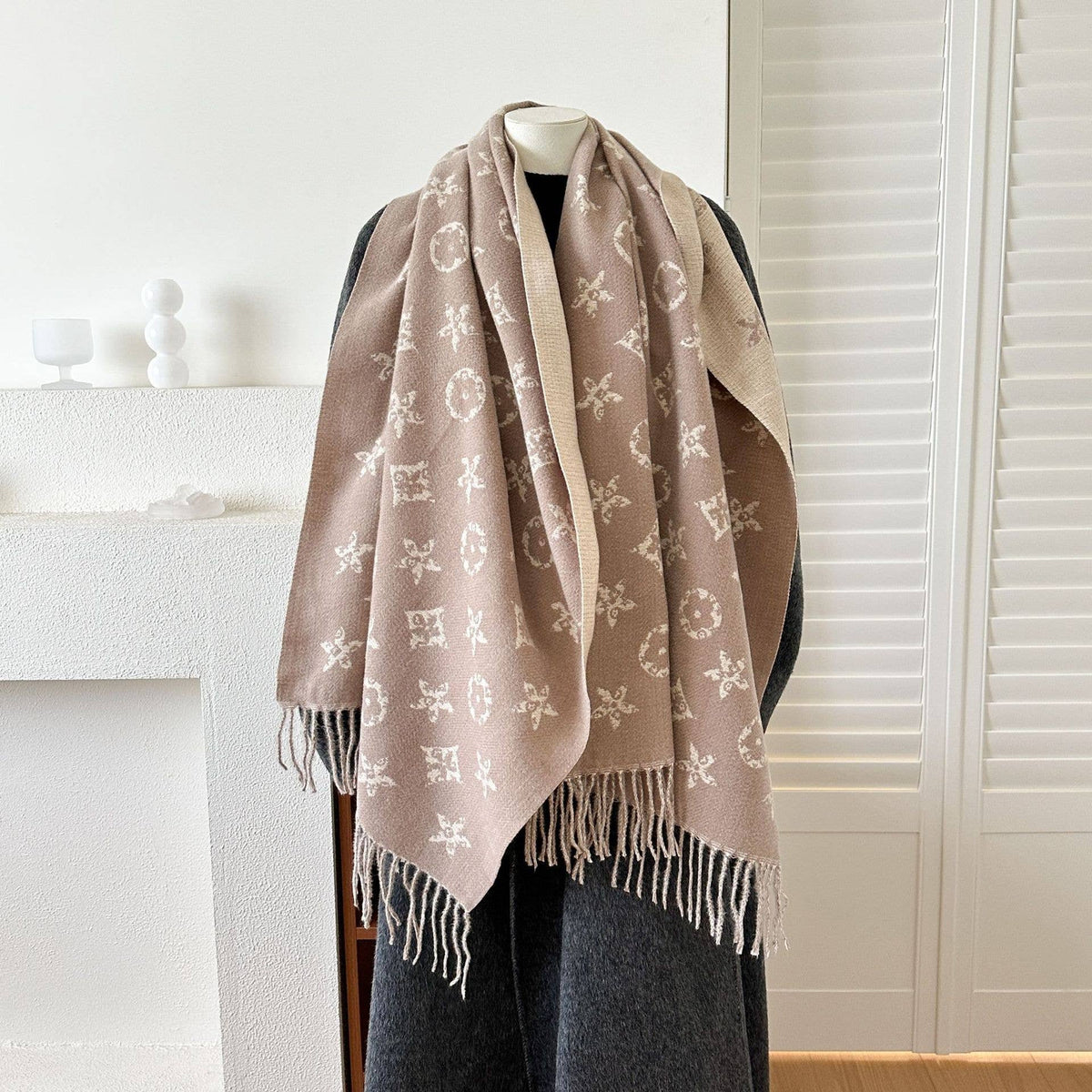 British-Style Geometric Reversible Jacquard Fringe Scarf