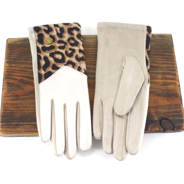 A26002 Faux Leather Leopard Contrast Gloves