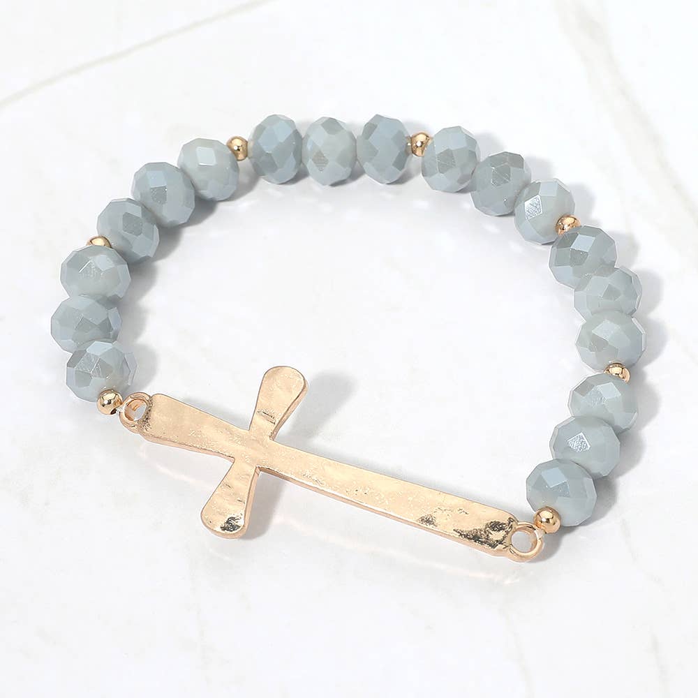 Brushed Hammered Metal Cross Accent Faceted Beaded Stretch Bracelet