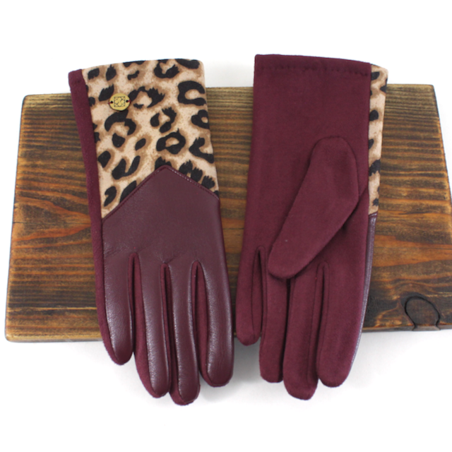A26002 Faux Leather Leopard Contrast Gloves
