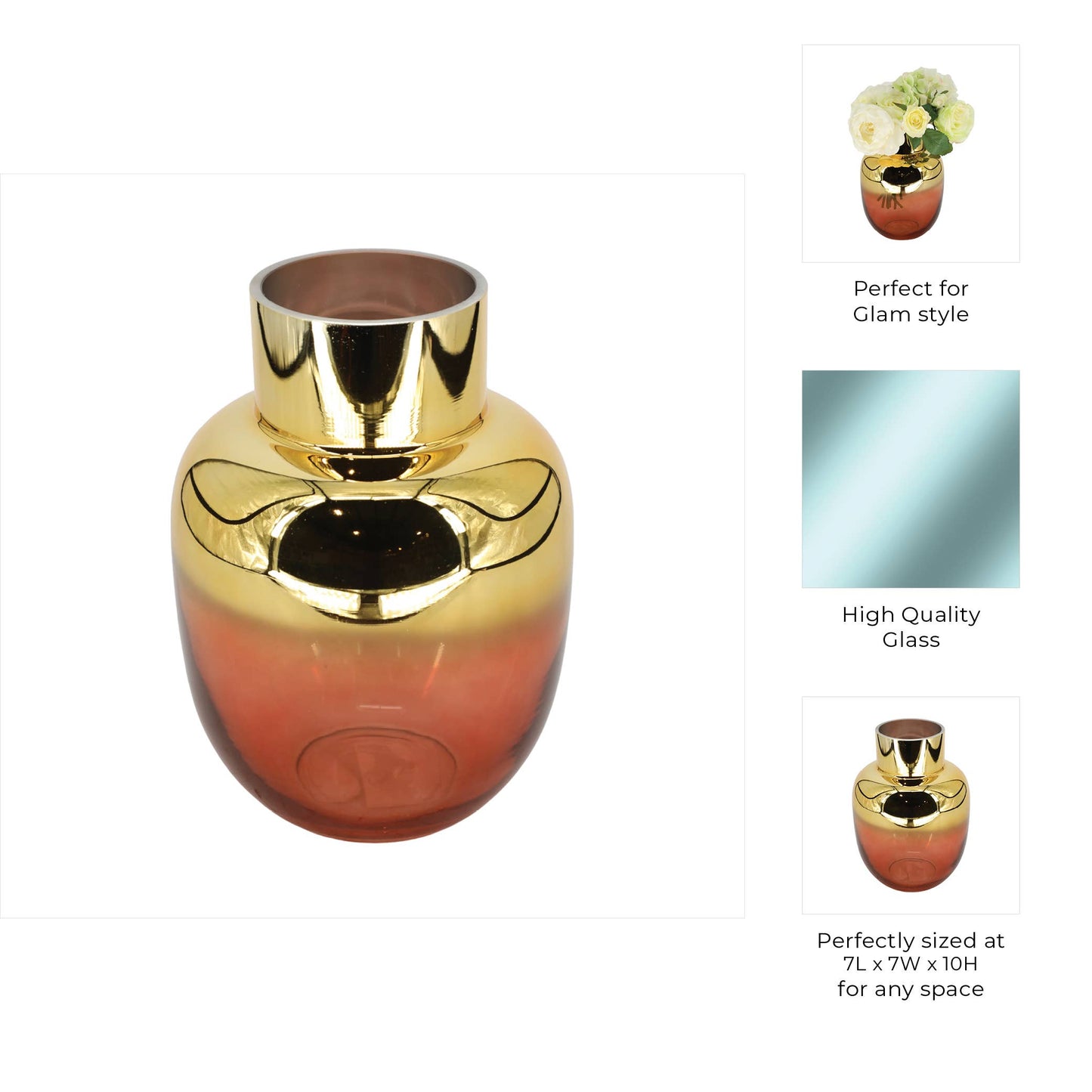 Glass Round Metallic Decorative Flower Vase - Pink, 10 in.