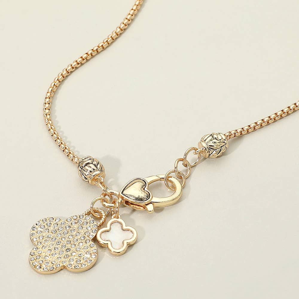 Stone Paved Mother of Pearl Quatrefoil Pendants Necklace