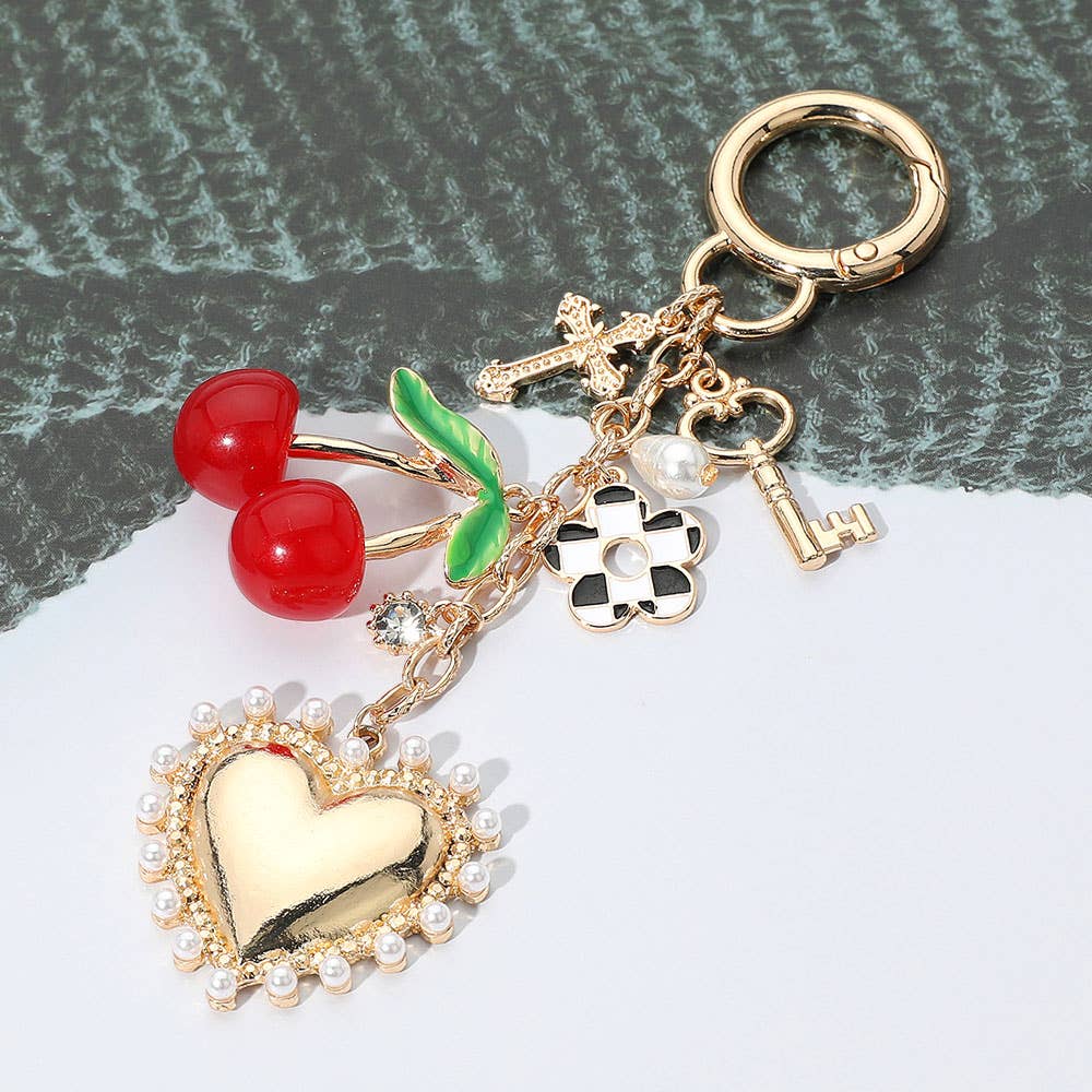 Cherry Pearl Heart Key Cross Flower Charm Embellished Keychain / Bag Charm