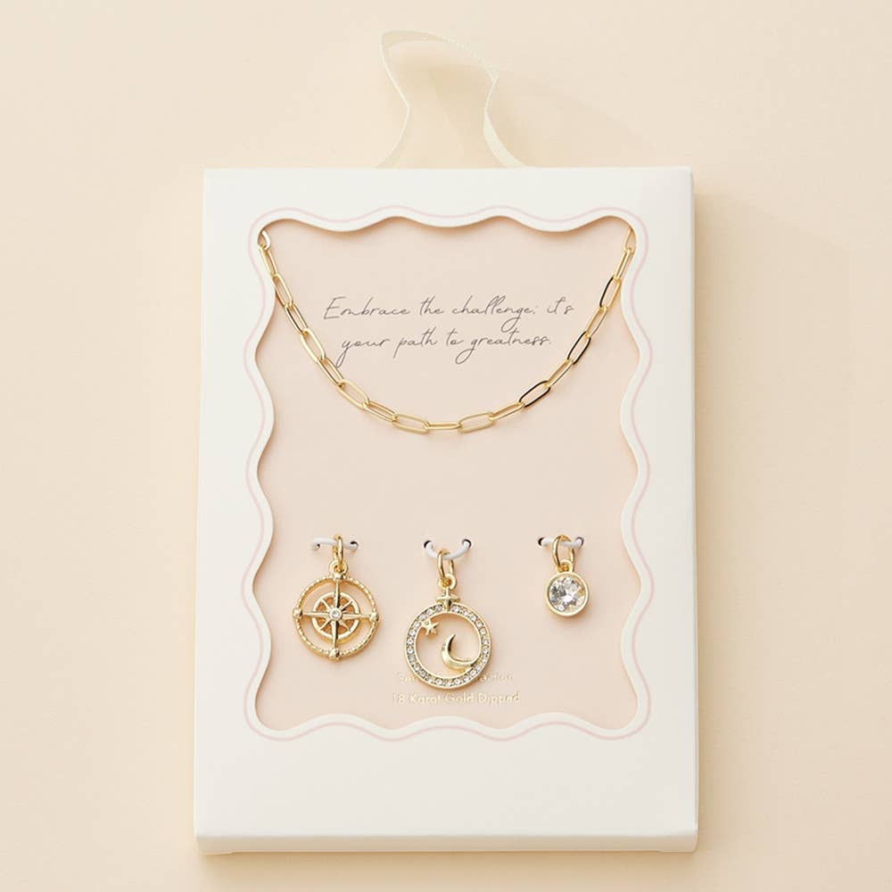 18K Gold Dipped Brass Paved Star Moon Chain Charm Necklace