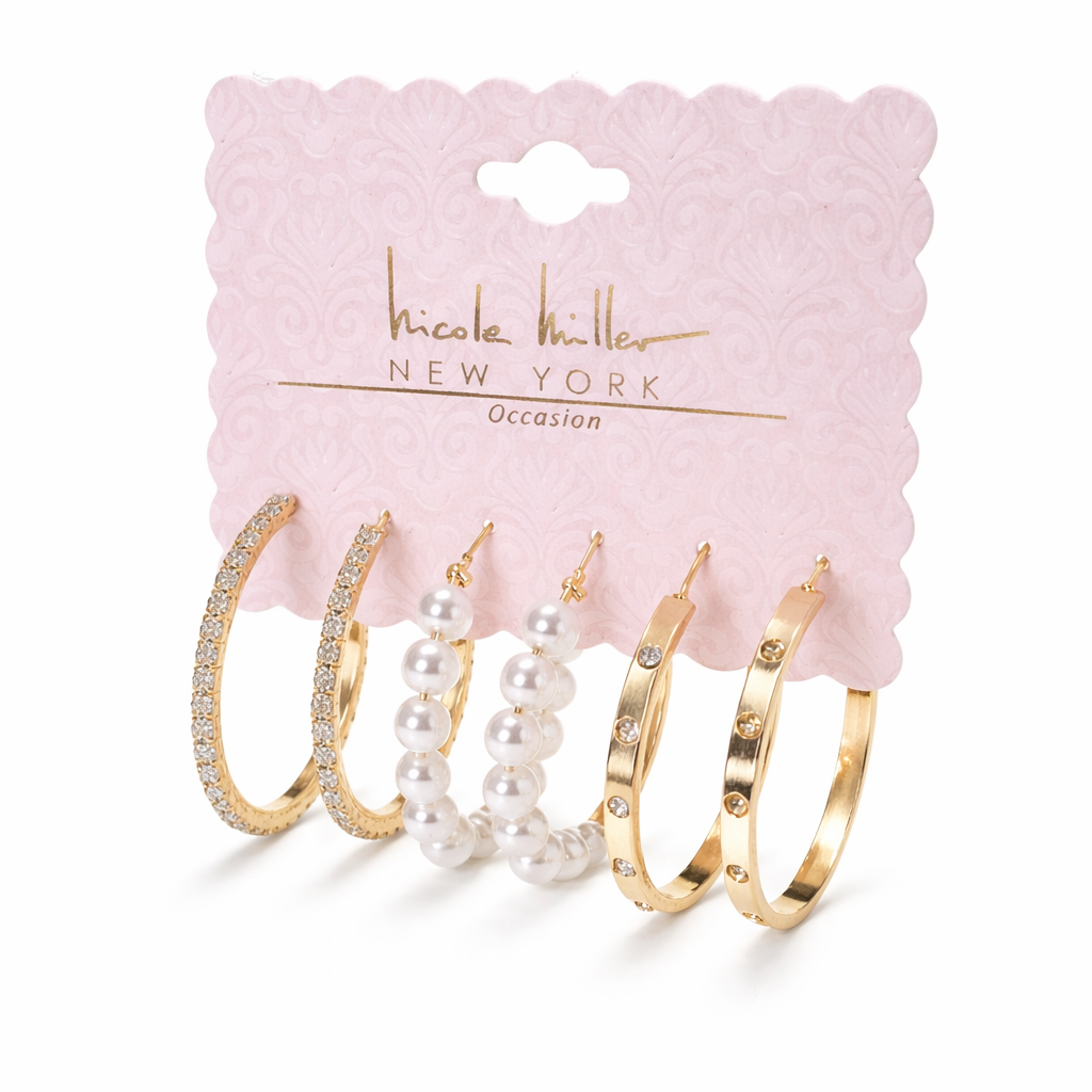 Set of 3 Rhinestone, Gold and Pearl Hoop Earrings