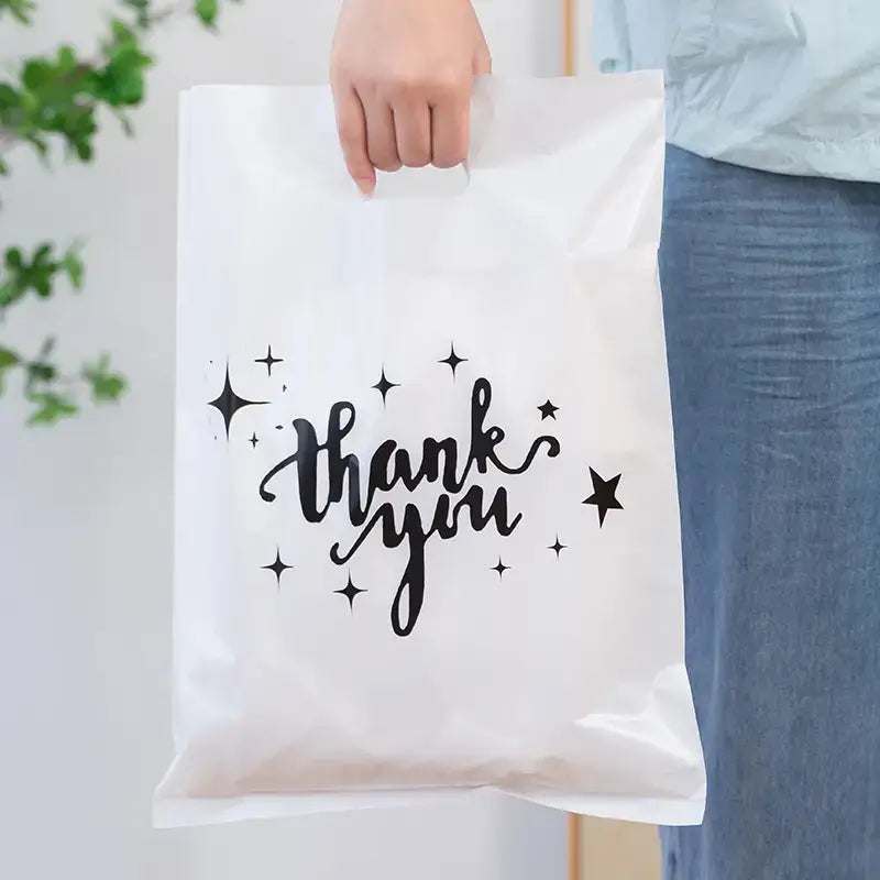 100pcs, White Thank You Stars Cut-out Handle PVC Gift Bag