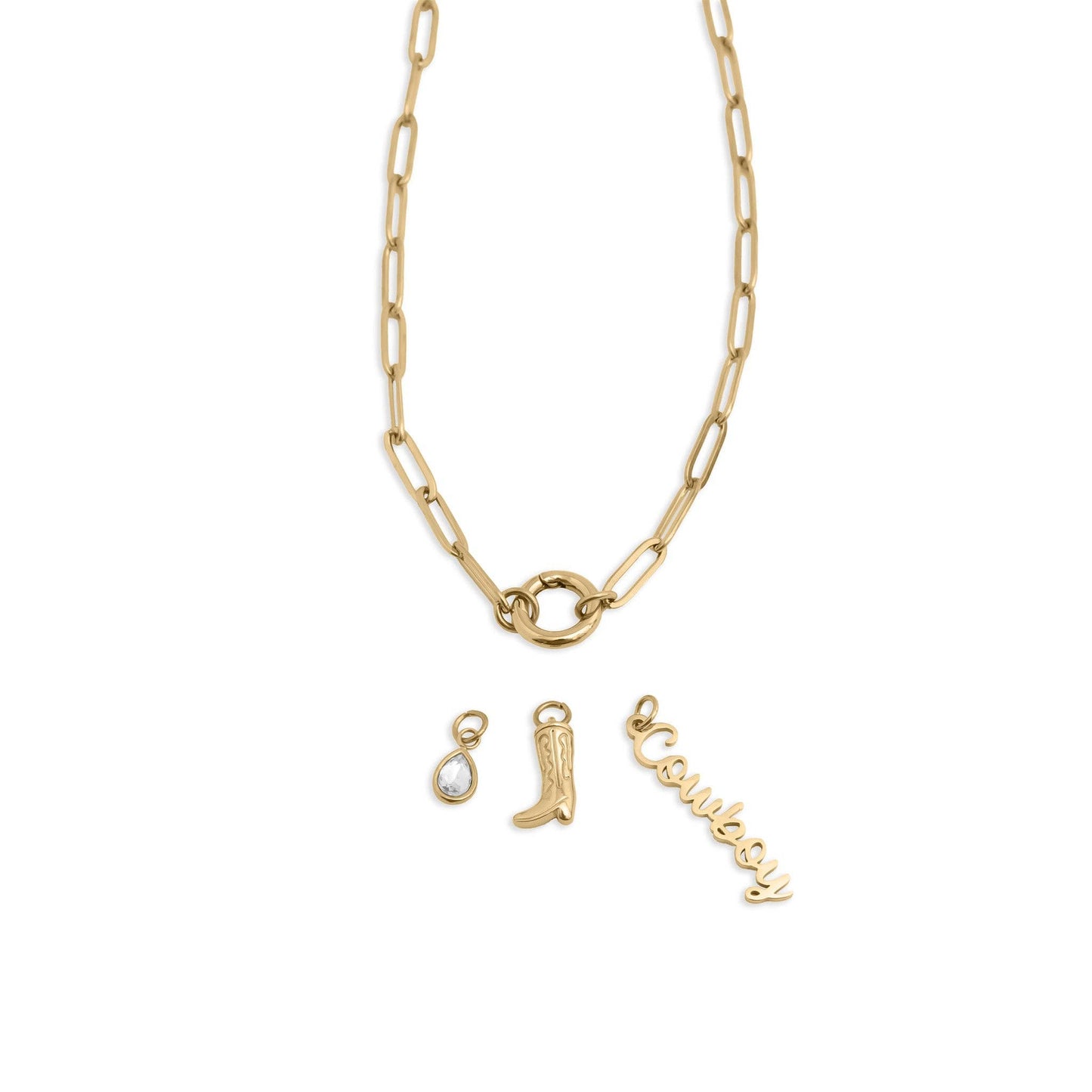 Gold Stainless Steel Cowboy Charm Holder Necklace Gift Set