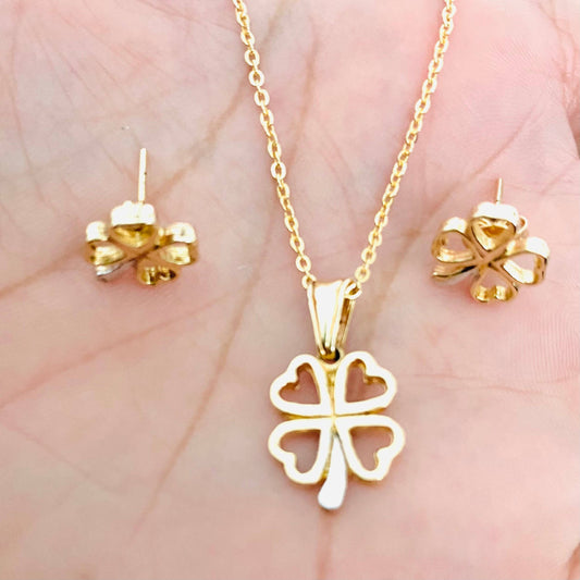 Lucky Four Leaf Clover Set, Clover Necklace & Earrings, Luck Charm Necklace, Clover Jewelry, Leaf Necklace, Minimalist Clover Set for Mom