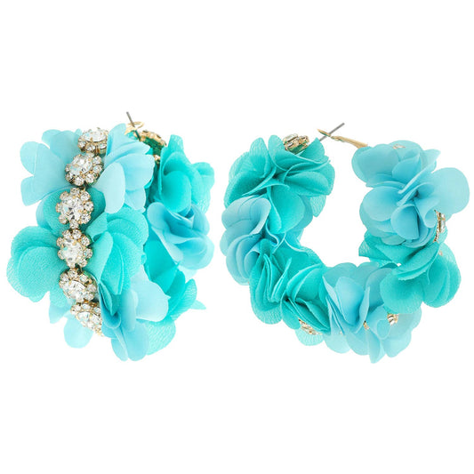 Boho Style Rhinestone & Fabric Flower Link Hoop Earrings