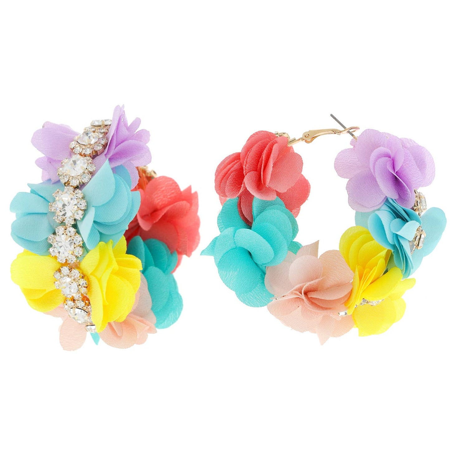 Boho Style Rhinestone & Fabric Flower Link Hoop Earrings