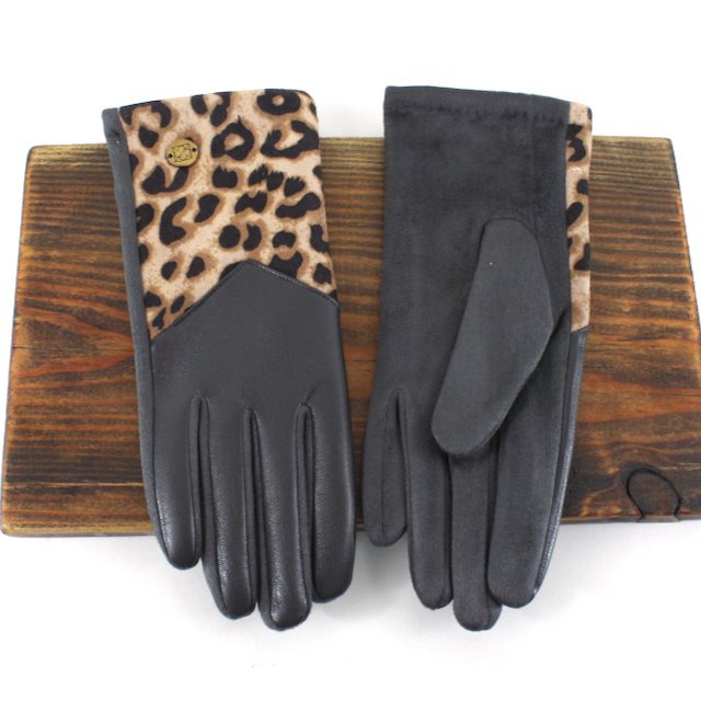 A26002 Faux Leather Leopard Contrast Gloves