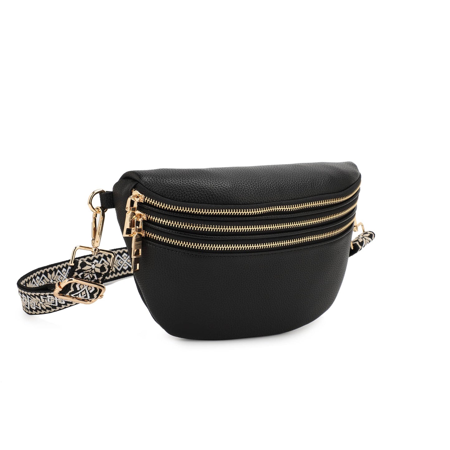 TINA TRIPLE ZIPPERED SLING BAG WITH PRINTED STRAP