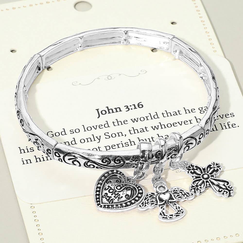 John 3:16 Message Angel Heart Cross Charm Stretch Bracelet