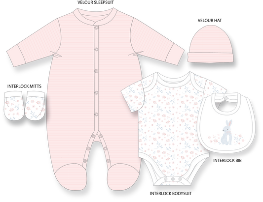 Girls 5 Piece Velour Set: Pink Bunny