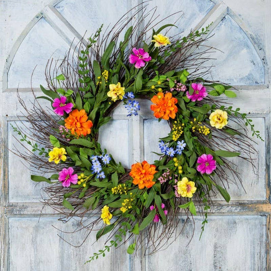 Mixed Flower Wreath on Twig Base, Orange, Yellow, Mix