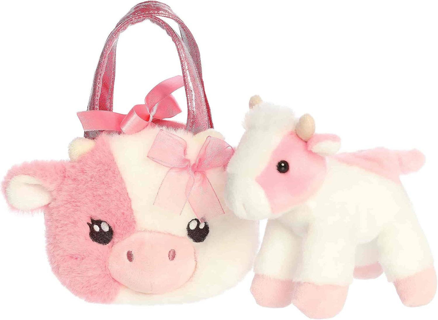 8" Plush Strawberry Cow in Fuzzy Face Purse Carrier