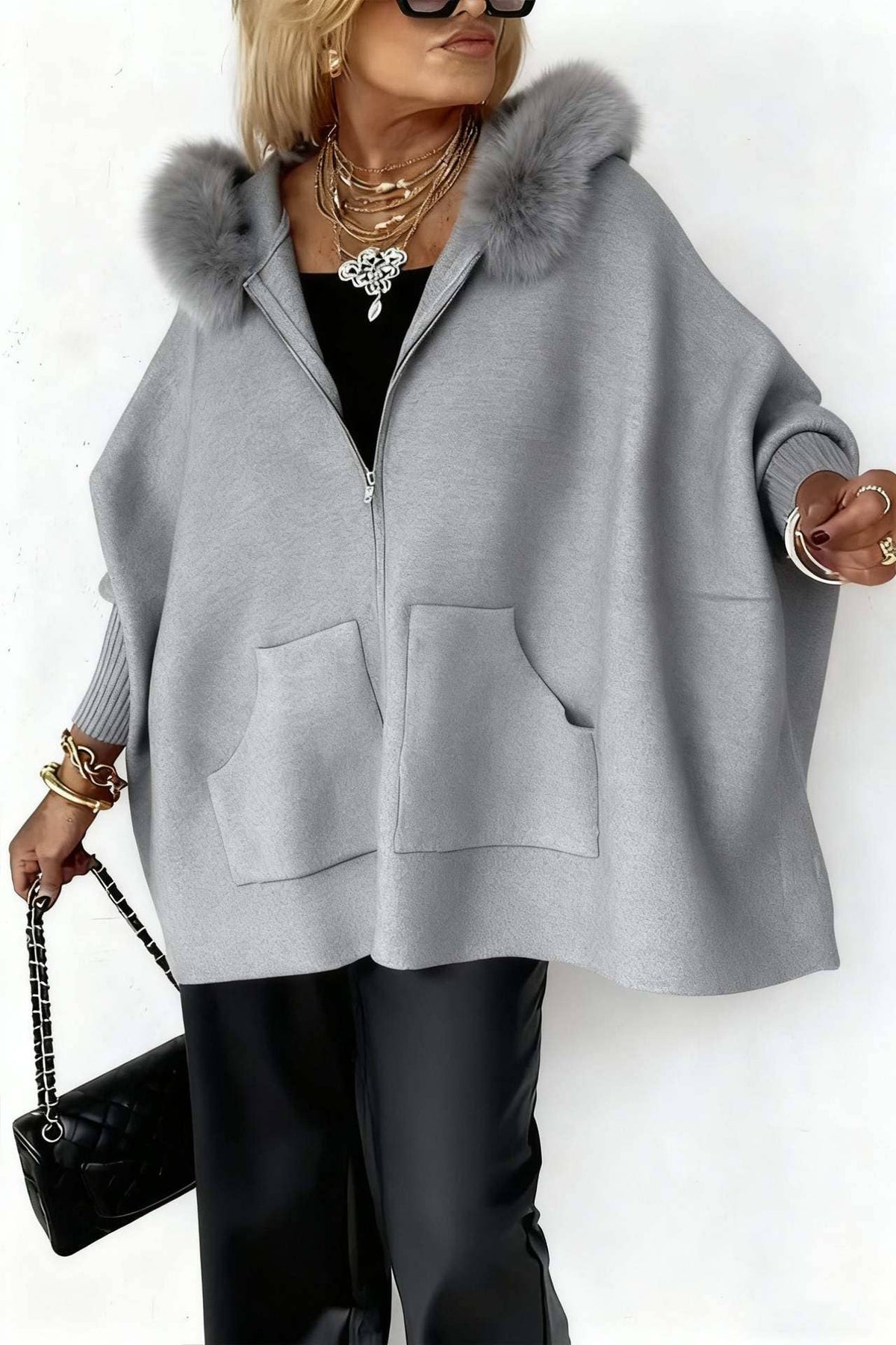 Oversized Faux Fur Hood Zip Up Knit Cardigan Pockets
