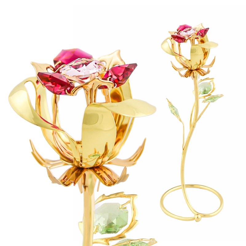 24K GOLD-PLATED SMALL ROSE FIGURINE W/ SWAROVSKI CRYSTALS