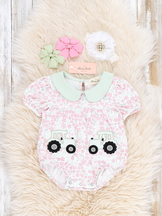 Tractor in the Meadow Embroidered Bubble Romper