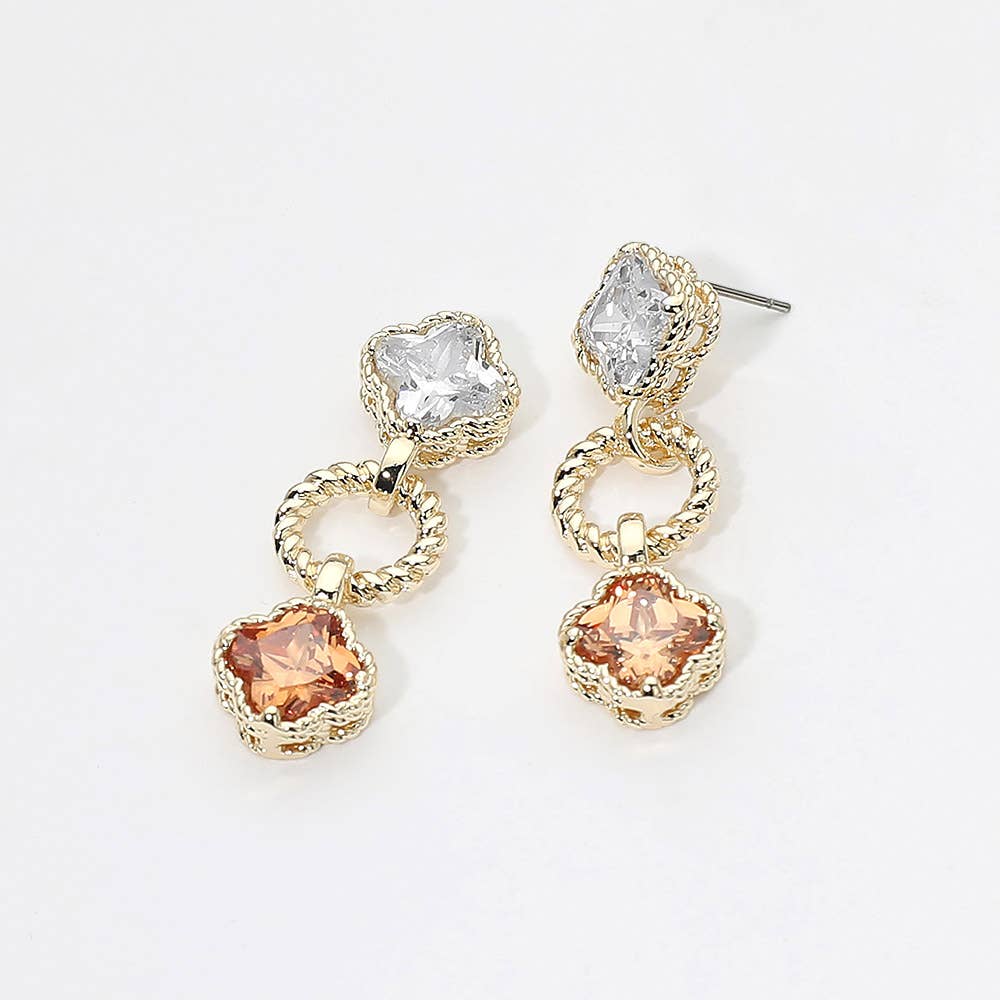 14K Gold Plated CZ Quatrefoil Charm Link Drop Earrings