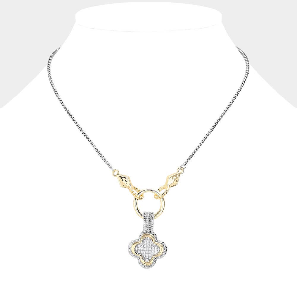 14K Gold Plated Two Tone CZ Stone Paved Quatrefoil Necklace